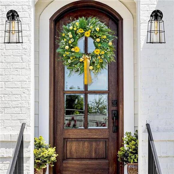 Spring Wreaths for Front Door 24 inch Spring Wreath with Vibrant Daisy and Bow - Picture 2 of 7